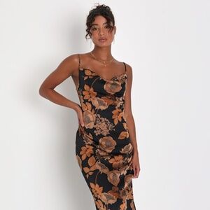 Lulus Favorite Icon Black Floral Satin Cowl Neck Slip Midi Dress - Size M
